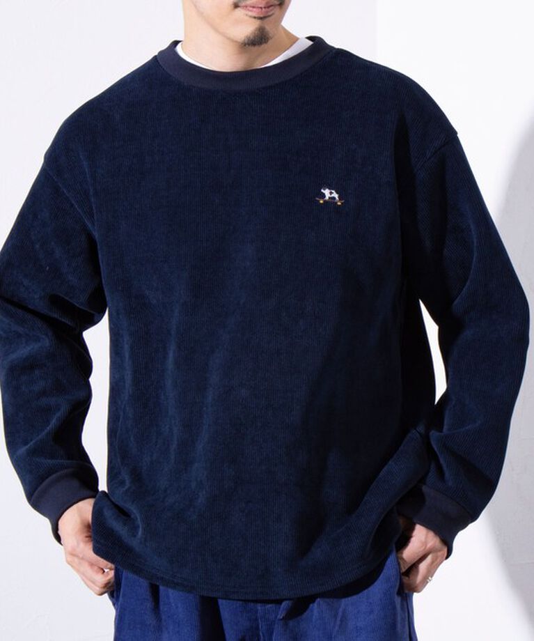 GLOSTER「【GLOSTER】フレンチブルドッグ刺繍 裏フリース コーデュロイ ボンディング プルオーバー」|スウェット・ジャージ|ネイビー