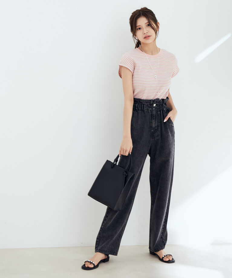 vis-a-vis「【WEB限定】前後２WAYスナップ釦付きフレンチスリーブボーダープルオーバー」|Tシャツ・カットソー|