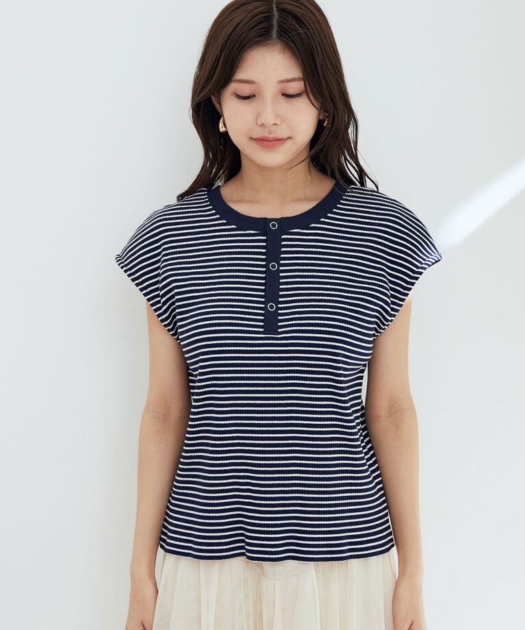 vis-a-vis「【WEB限定】前後２WAYスナップ釦付きフレンチスリーブボーダープルオーバー」|Tシャツ・カットソー|