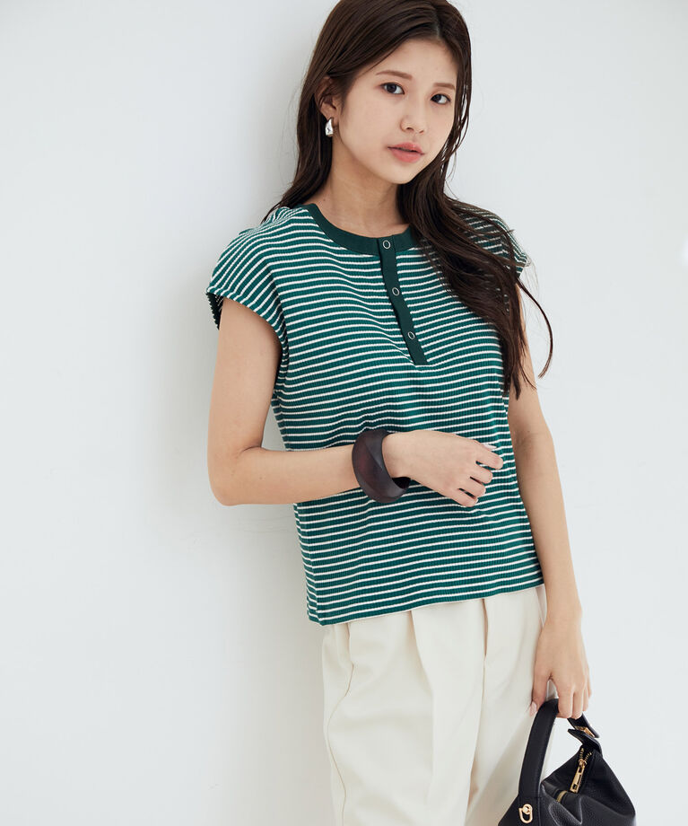 vis-a-vis「【WEB限定】前後２WAYスナップ釦付きフレンチスリーブボーダープルオーバー」|Tシャツ・カットソー|