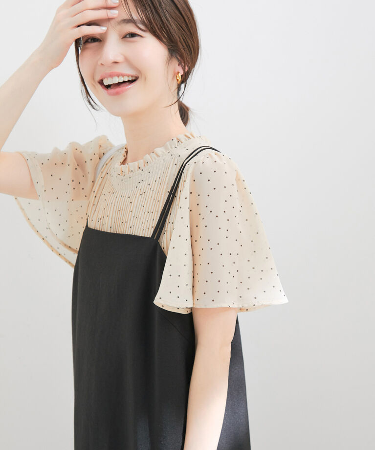 VIS「【洗える】フレアーシフォンプリーツ半袖ブラウス」|シャツ・ブラウス|