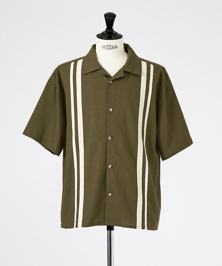 ABAHOUSE「【WEB限定】TR リネン　ラインオープンカラーショートスリーブ半袖シャツ/ユニ」|シャツ・ブラウス|カーキ