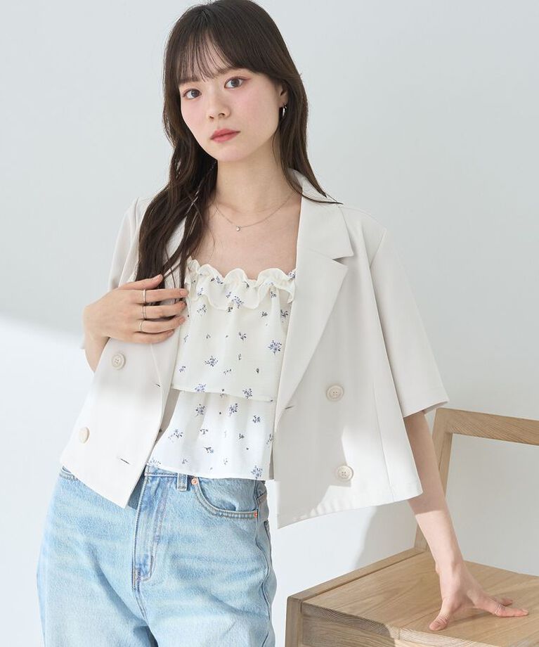 earth music&ecology「ショートテーラードジャケット　25SS 夏 サマージャケット オフィス セットアップ可」|テーラードジャケット|