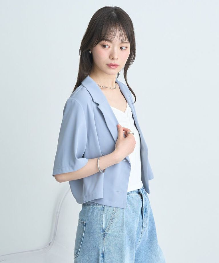 earth music&ecology「ショートテーラードジャケット　25SS 夏 サマージャケット オフィス セットアップ可」|テーラードジャケット|