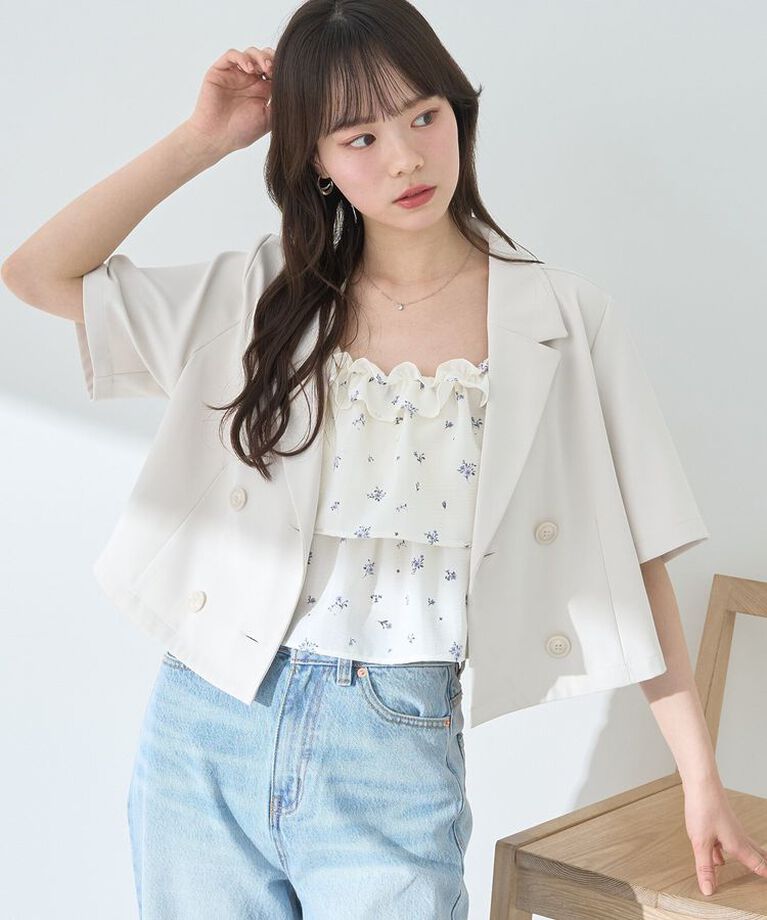 earth music&ecology「ショートテーラードジャケット　25SS 夏 サマージャケット オフィス セットアップ可」|テーラードジャケット|