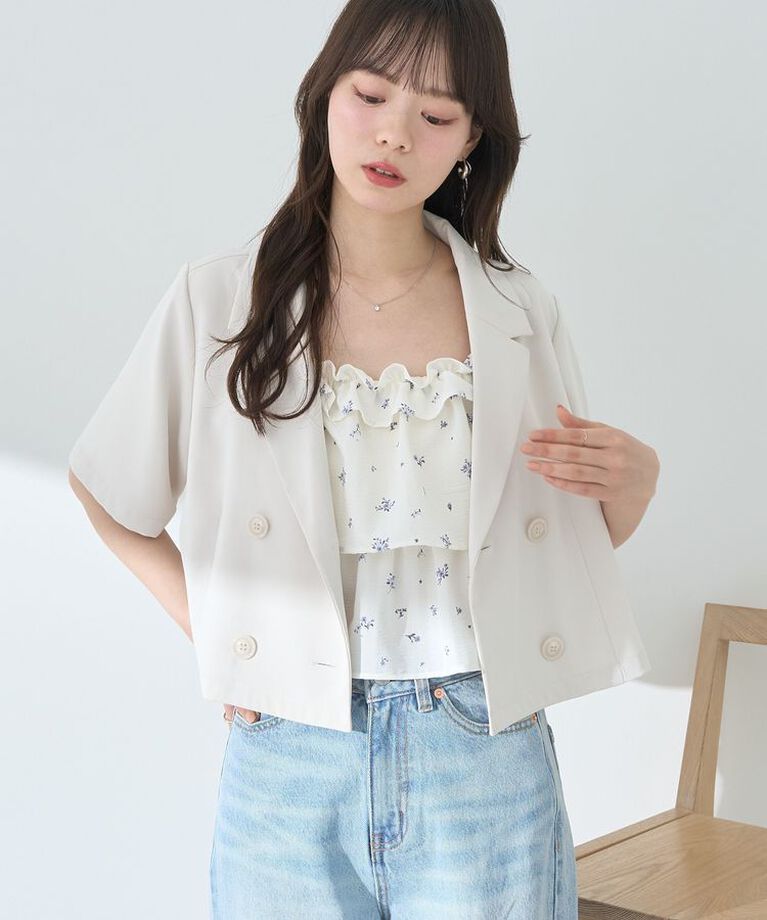 earth music&ecology「ショートテーラードジャケット　25SS 夏 サマージャケット オフィス セットアップ可」|テーラードジャケット|