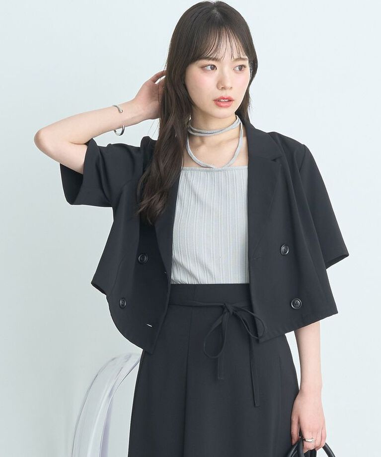 earth music&ecology「ショートテーラードジャケット　25SS 夏 サマージャケット オフィス セットアップ可」|テーラードジャケット|Black