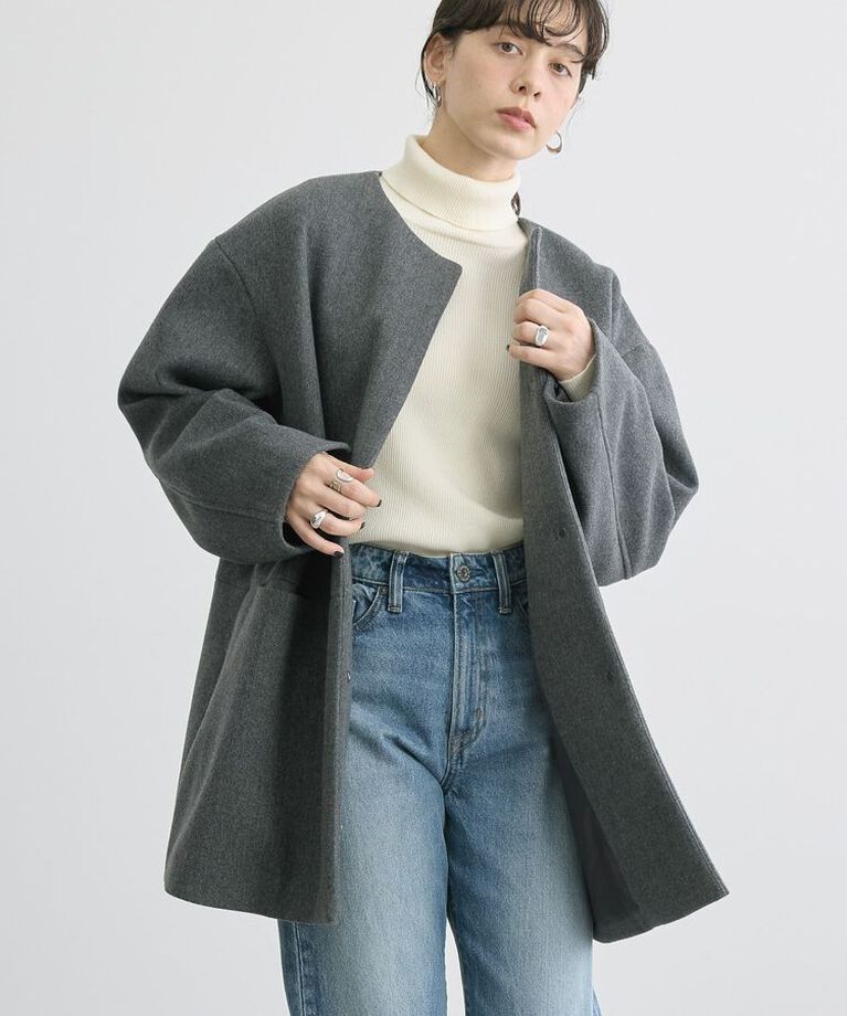 AMERICAN HOLIC「中空FIBERロングノーカラーコート【軽量アウター】」|ノーカラーコート|