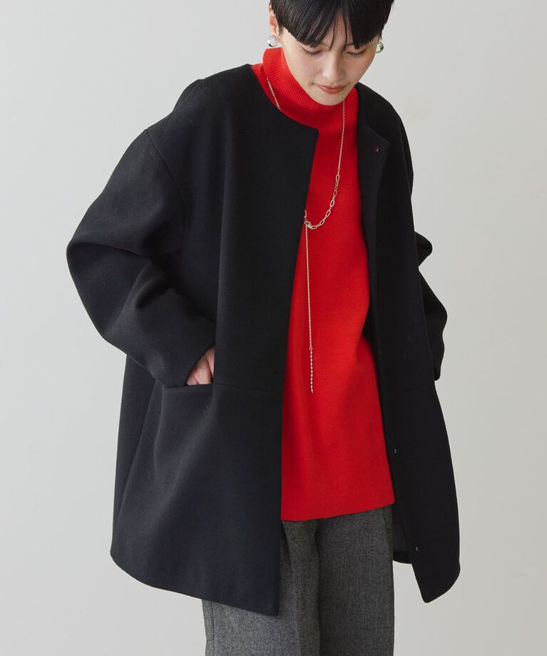 AMERICAN HOLIC「中空FIBERロングノーカラーコート【軽量アウター】」|ノーカラーコート|Black