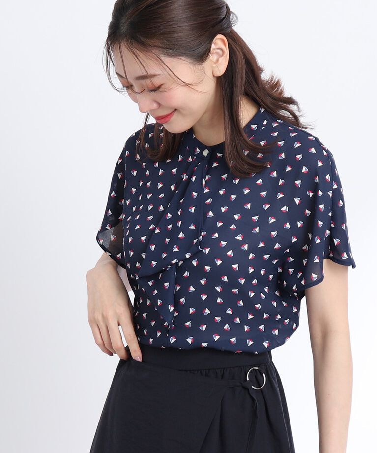 Reflect「【SALE／接触冷感／洗える／セットアップ可能】ヨット柄プリントフリルブラウス」|シャツ・ブラウス|