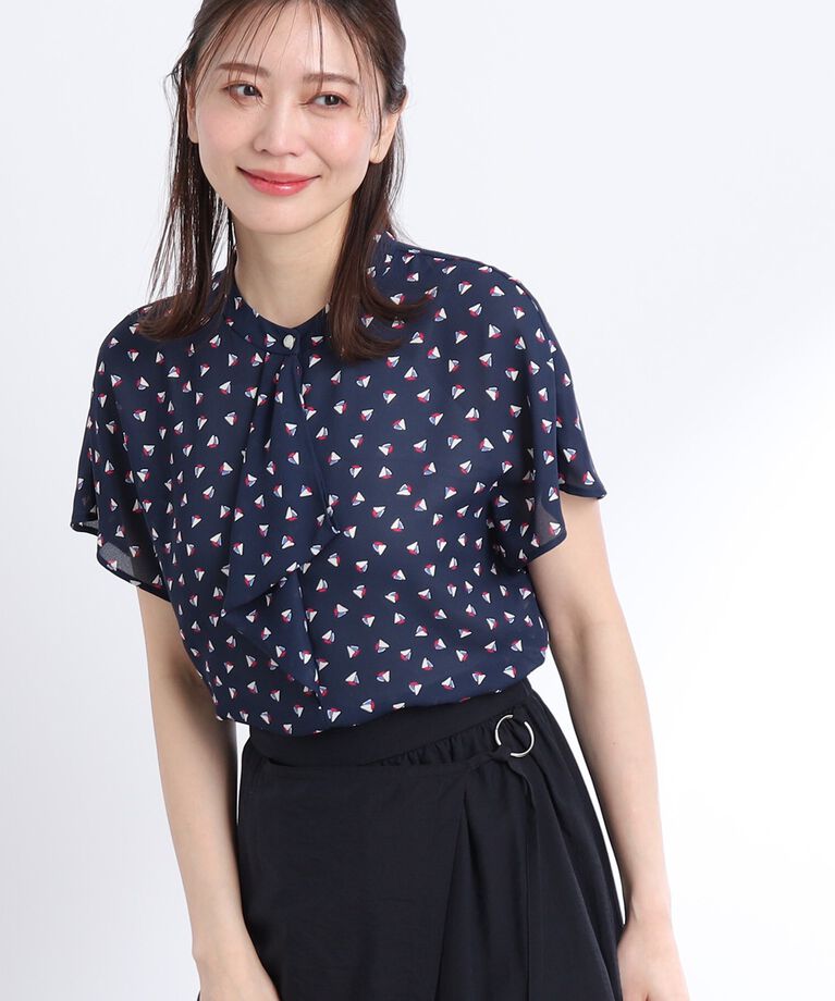 Reflect「【SALE／接触冷感／洗える／セットアップ可能】ヨット柄プリントフリルブラウス」|シャツ・ブラウス|