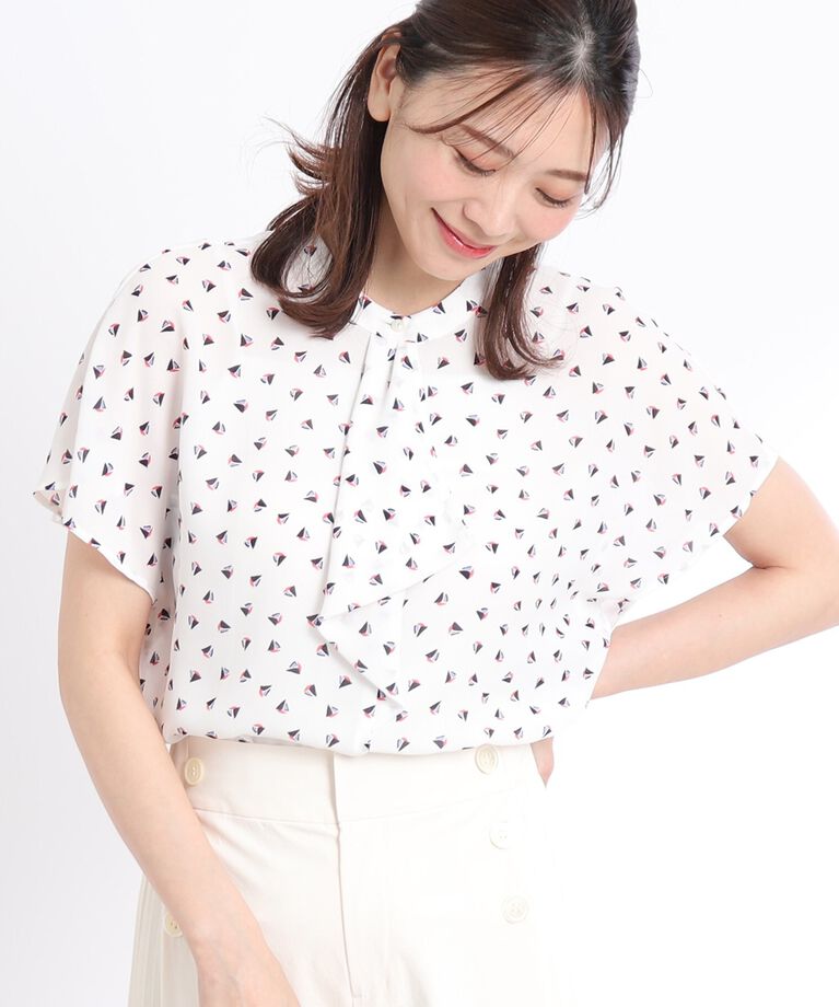 Reflect「【SALE／接触冷感／洗える／セットアップ可能】ヨット柄プリントフリルブラウス」|シャツ・ブラウス|