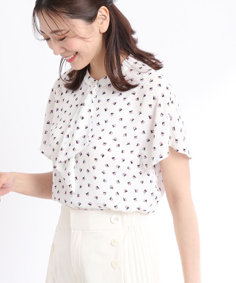 Reflect「【SALE／接触冷感／洗える／セットアップ可能】ヨット柄プリントフリルブラウス」|シャツ・ブラウス|