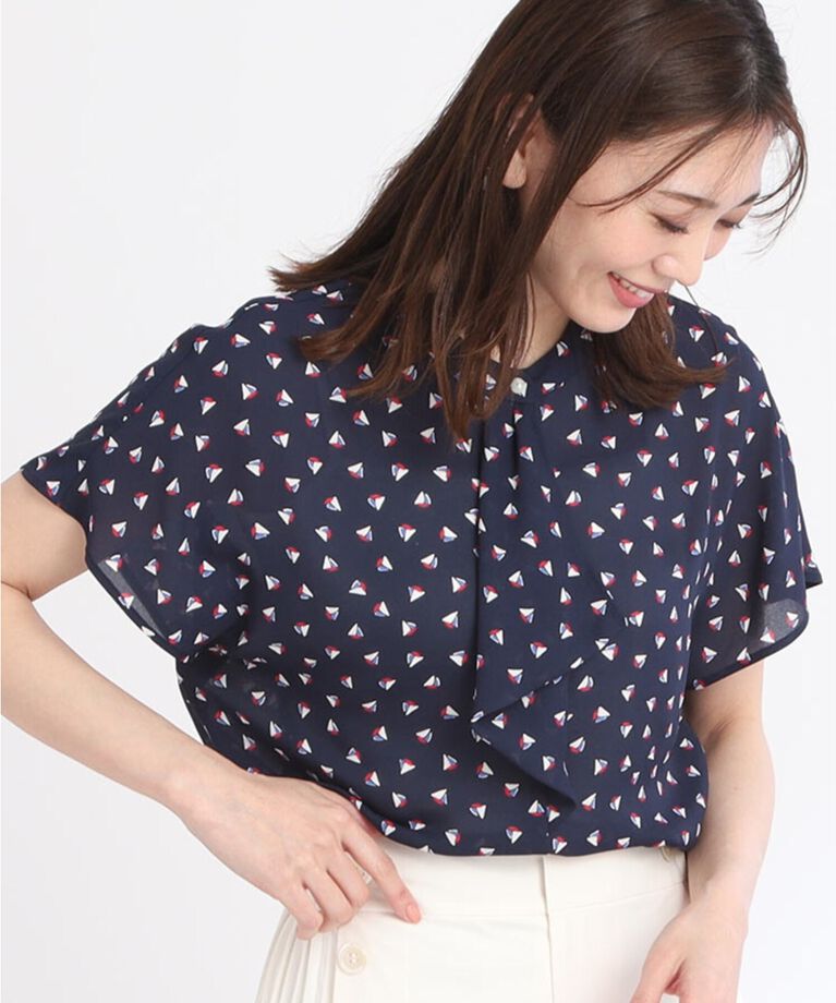 Reflect「【SALE／接触冷感／洗える／セットアップ可能】ヨット柄プリントフリルブラウス」|シャツ・ブラウス|ﾈｲﾋﾞｰ(194)