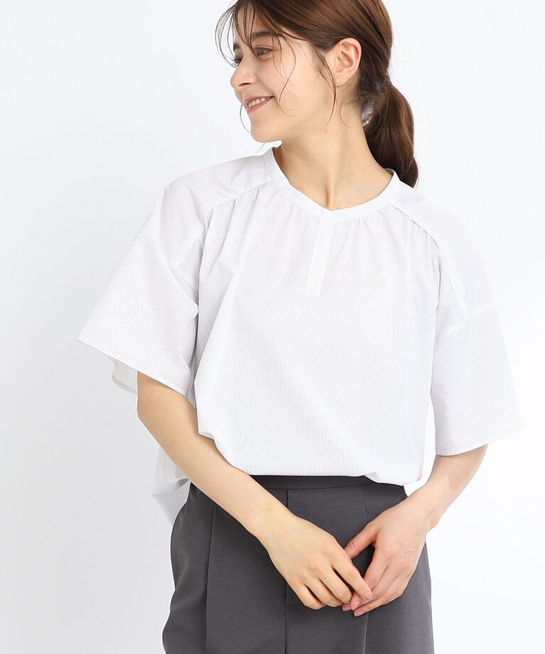 Reflect「【SALE／接触冷感／マシンウォッシュ可】五分袖ピンストライプブラウス」|シャツ・ブラウス|ｵﾌﾎﾜｲﾄ(303)