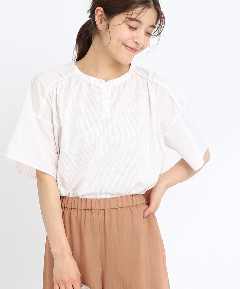 Reflect「【SALE／接触冷感／マシンウォッシュ可】五分袖ピンストライプブラウス」|シャツ・ブラウス|ｵﾚﾝｼﾞ(366)