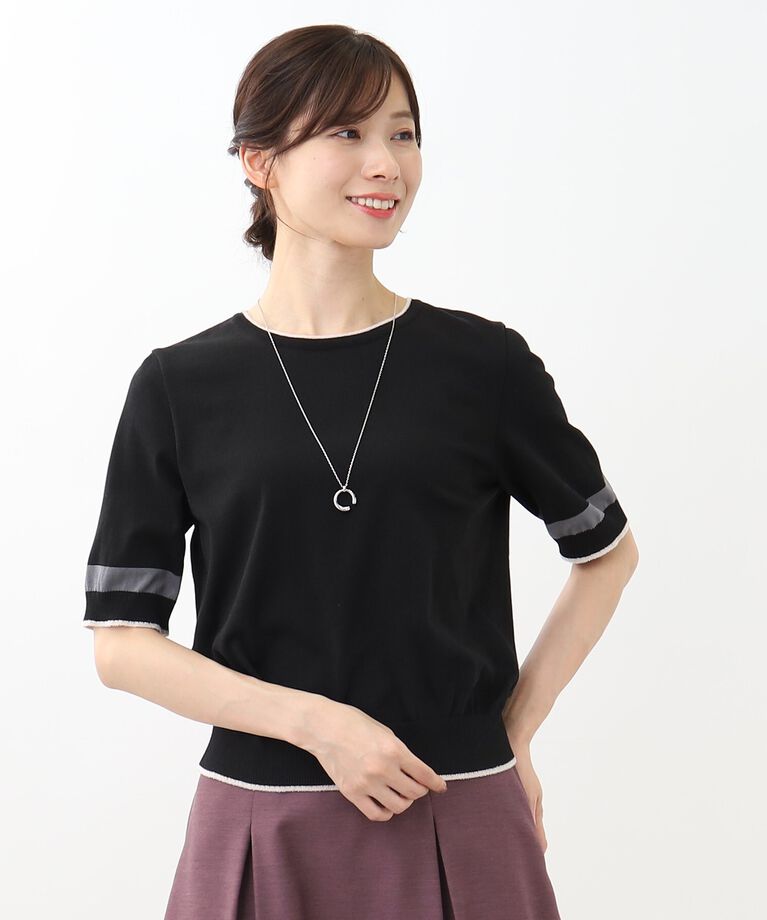 Reflect「【SALE／WEB限定カラーあり／洗える／アンサンブル可能】五分袖クルーネックニット」|ニット・セーター|ブラック(519)