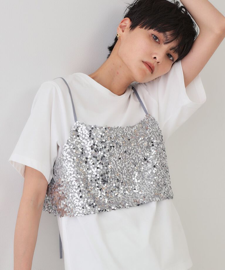 OPAQUE.CLIP「《ツインセット》スパンコールキャミ×Tシャツ【洗濯機洗い可】」|その他|シルバー(006)