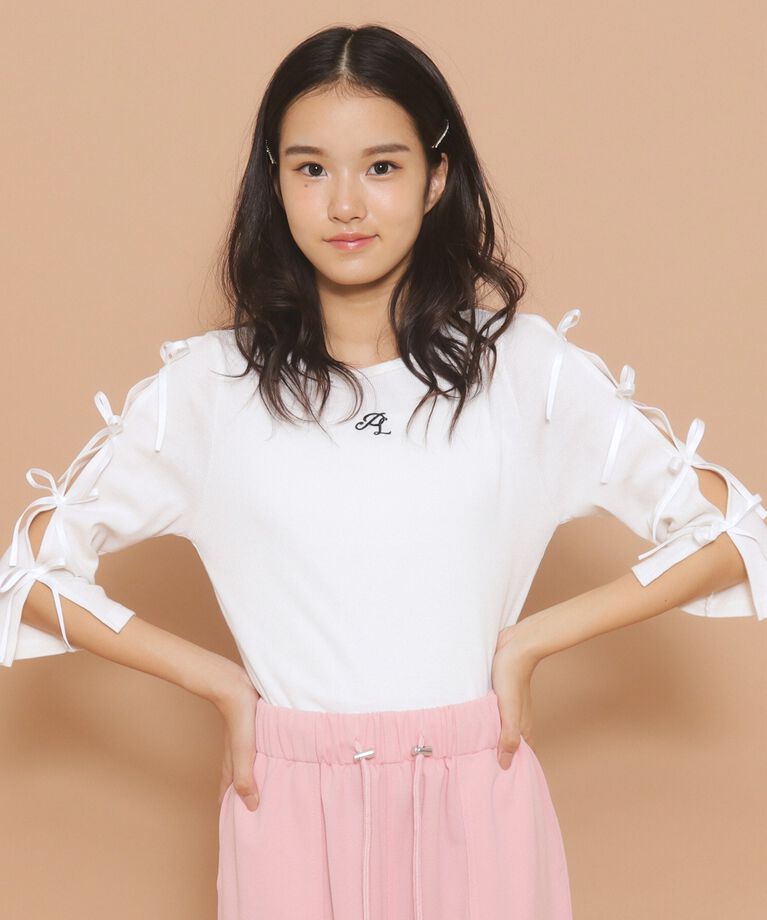 PINK-latte「【130cmあり】リボン袖ショート丈プルオーバー」|Tシャツ・カットソー|ｵﾌﾎﾜｲﾄ(003)