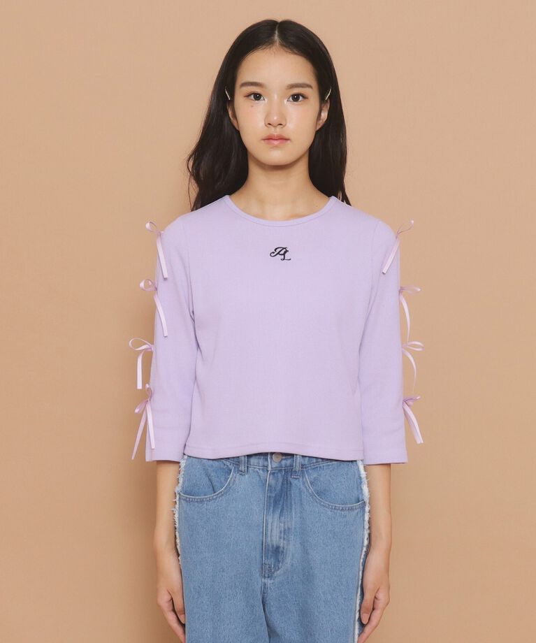 PINK-latte「【130cmあり】リボン袖ショート丈プルオーバー」|Tシャツ・カットソー|