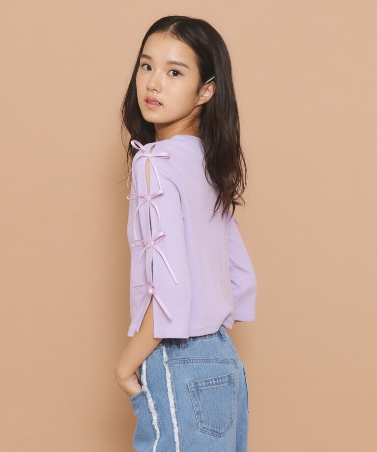 PINK-latte「【130cmあり】リボン袖ショート丈プルオーバー」|Tシャツ・カットソー|