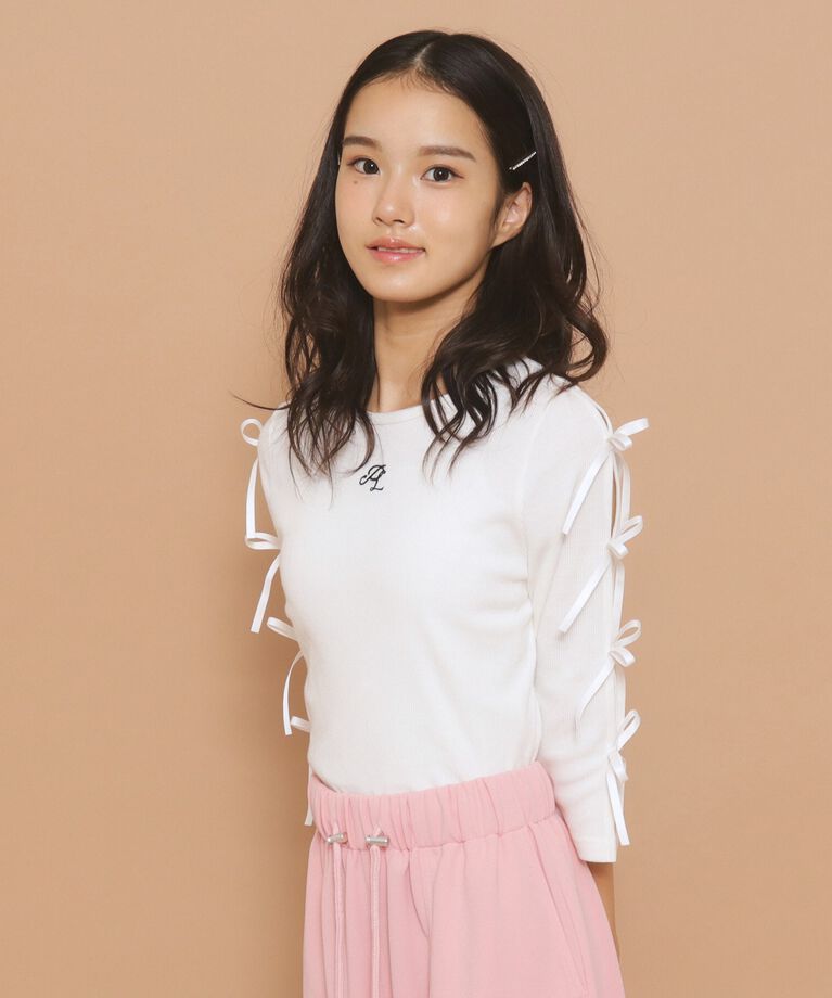 PINK-latte「【130cmあり】リボン袖ショート丈プルオーバー」|Tシャツ・カットソー|