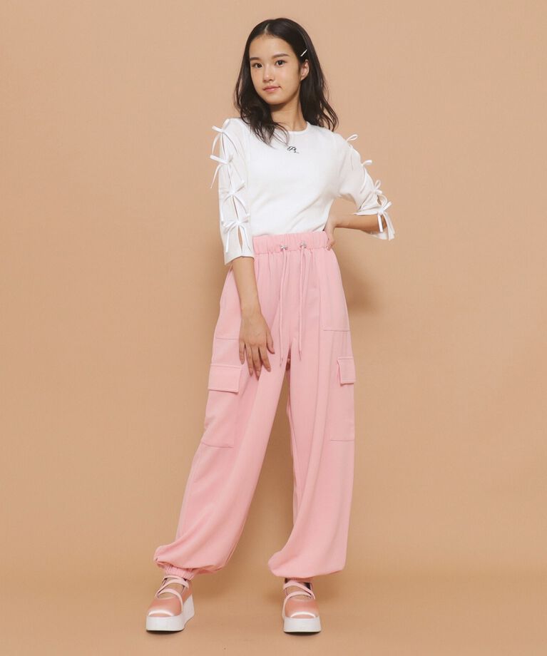 PINK-latte「【130cmあり】リボン袖ショート丈プルオーバー」|Tシャツ・カットソー|