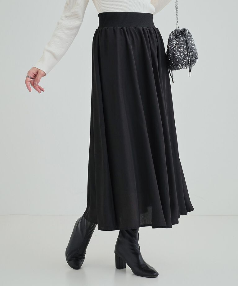 SHOO･LA･RUE「ウエストリブで無理せずキレイ　艶やかに彩る サテンフレアスカート」|スカート|ﾌﾞﾗｯｸ(019)