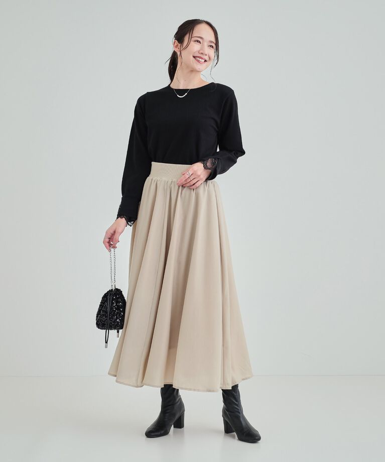 SHOO･LA･RUE「ウエストリブで無理せずキレイ　艶やかに彩る サテンフレアスカート」|スカート|