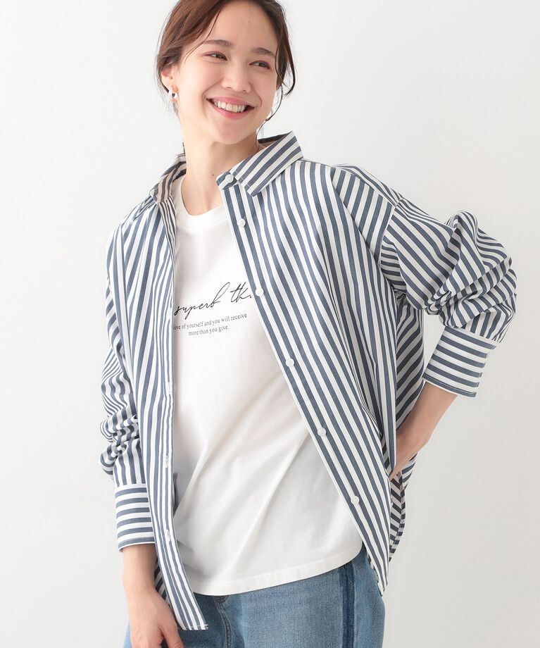 SHOO･LA･RUE「【洗える/S-LL】いろいろ ストライプシャツ」|シャツ・ブラウス|ネイビー(394)