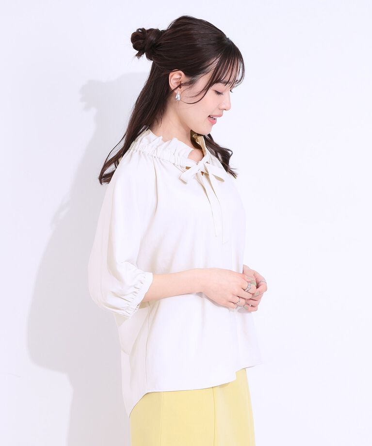 SHOO･LA･RUE「【洗える/接触冷感/S-LL】フェミニンもクールも フリルリボン5分袖ブラウス」|シャツ・ブラウス|