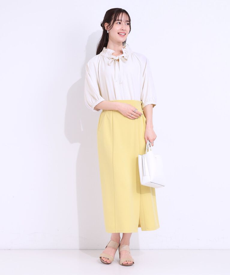 SHOO･LA･RUE「【洗える/接触冷感/S-LL】フェミニンもクールも フリルリボン5分袖ブラウス」|シャツ・ブラウス|