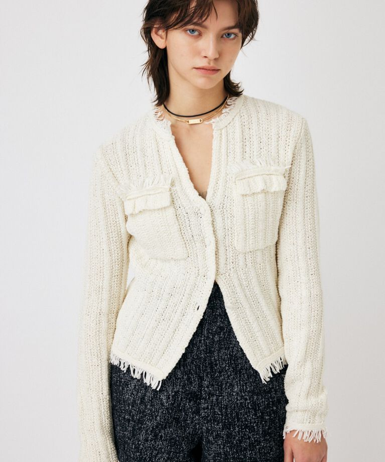 MOUSSY「FRINGE KNIT カーディガン」|カーディガン|WHT
