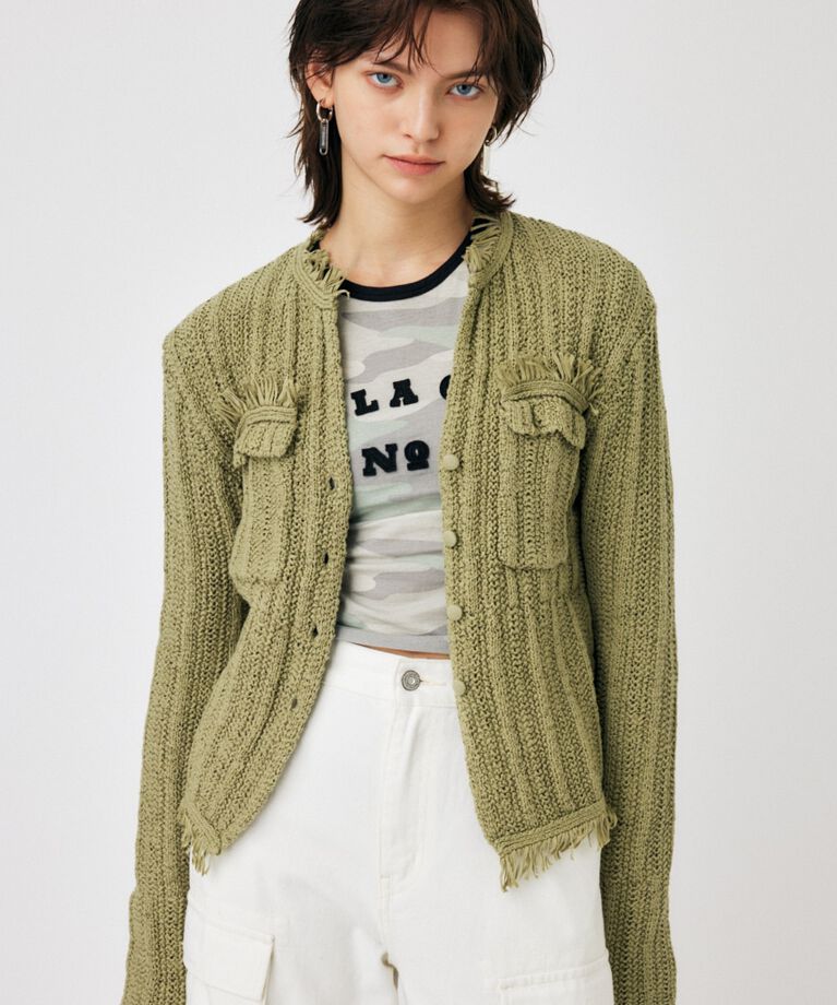 MOUSSY「FRINGE KNIT カーディガン」|カーディガン|L/GRN1