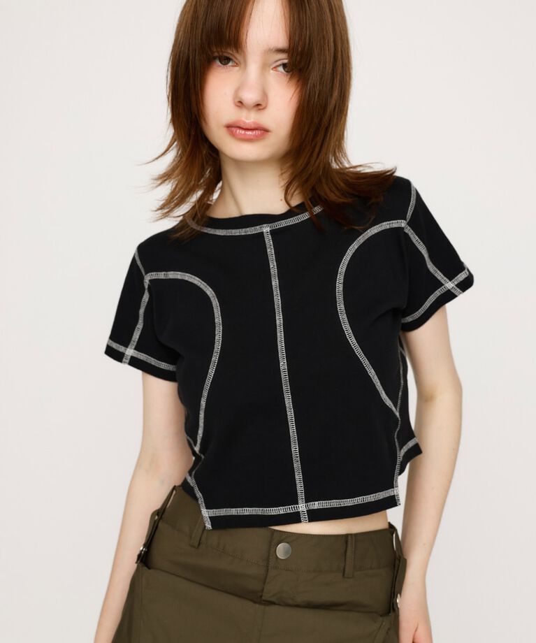 SLY「BI COLOR STITCH CROP Tシャツ」|Tシャツ・カットソー|BLK