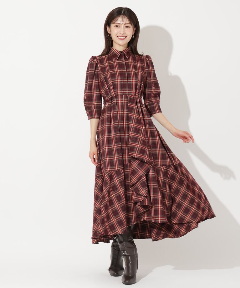 アンドクチュール「ラッフルフリルチェックワンピース」|ワンピース|赤系チェック
