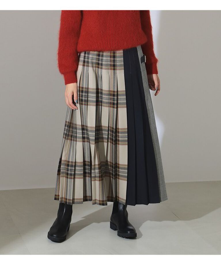Demi-Luxe BEAMS 「O’NEIL OF DUBLIN / 別注 ウール クレイジー マキシスカート」|スカート|BEIGE/NAVY/GRAY