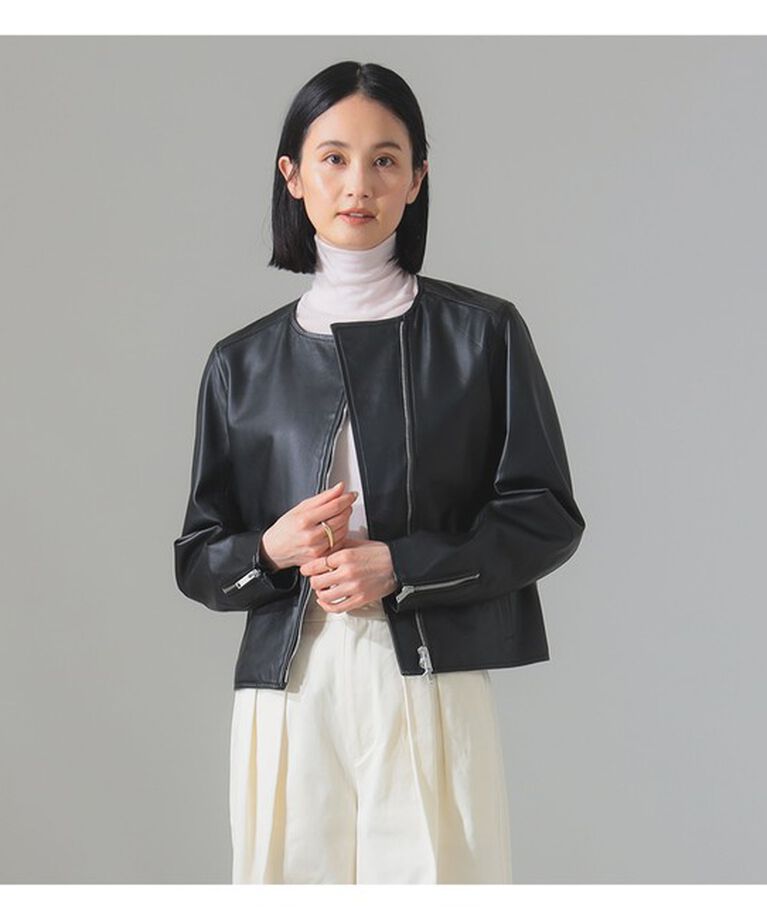 Demi-Luxe BEAMS 「マット シープスキン ノーカラー ライダース ブルゾン」|ブルゾン・スタジャン|BLACK