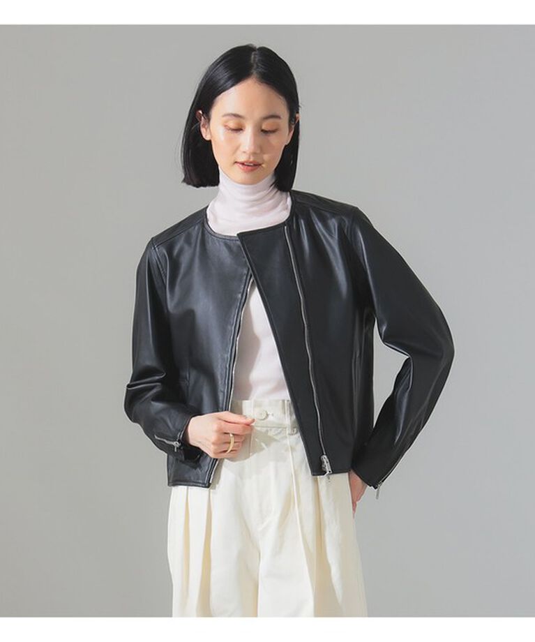 Demi-Luxe BEAMS 「マット シープスキン ノーカラー ライダース ブルゾン」|ブルゾン・スタジャン|