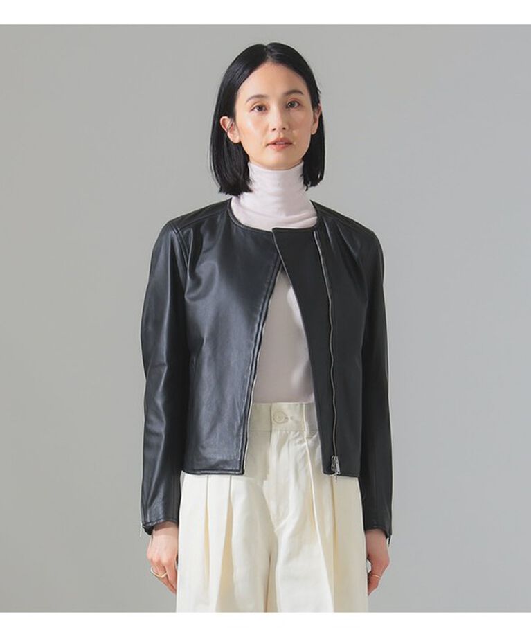 Demi-Luxe BEAMS 「マット シープスキン ノーカラー ライダース ブルゾン」|ブルゾン・スタジャン|
