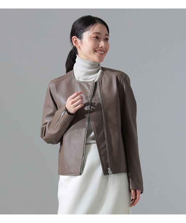 Demi-Luxe BEAMS 「マット シープスキン ノーカラー ライダース ブルゾン」|ブルゾン・スタジャン|TAUPE