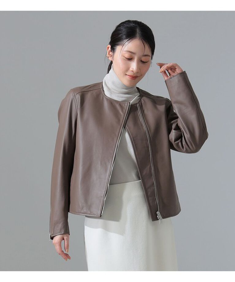 Demi-Luxe BEAMS 「マット シープスキン ノーカラー ライダース ブルゾン」|ブルゾン・スタジャン|