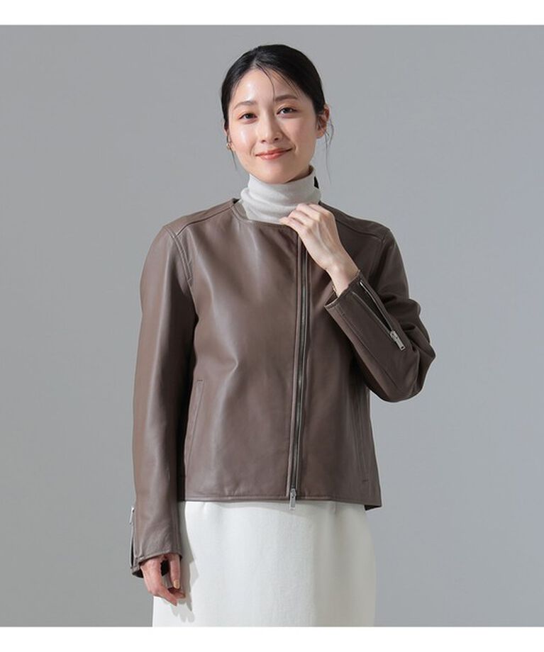 Demi-Luxe BEAMS 「マット シープスキン ノーカラー ライダース ブルゾン」|ブルゾン・スタジャン|