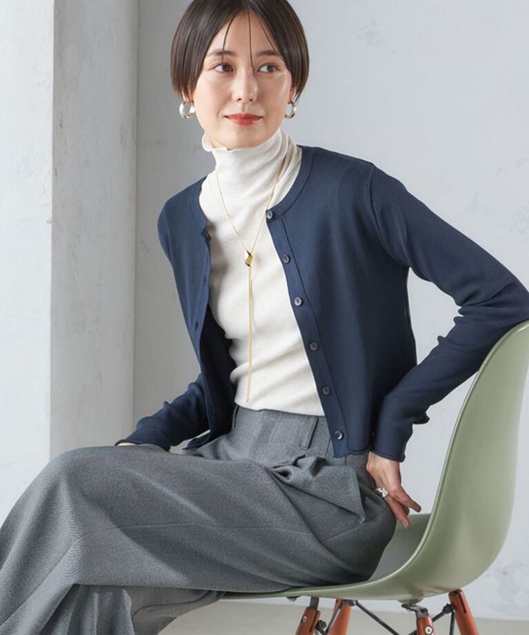 SHIPS for women「〈手洗い可能〉レーヨン ポリ リブ クルーネック カーディガン」|カーディガン|ネイビー