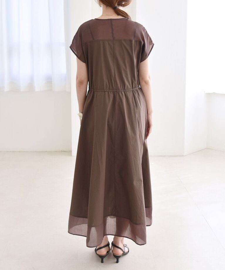 quaranciel「quaranciel :〈洗濯機可能〉シアー ドッキング Vネック フレンチスリーブ ワンピース」|ワンピース|