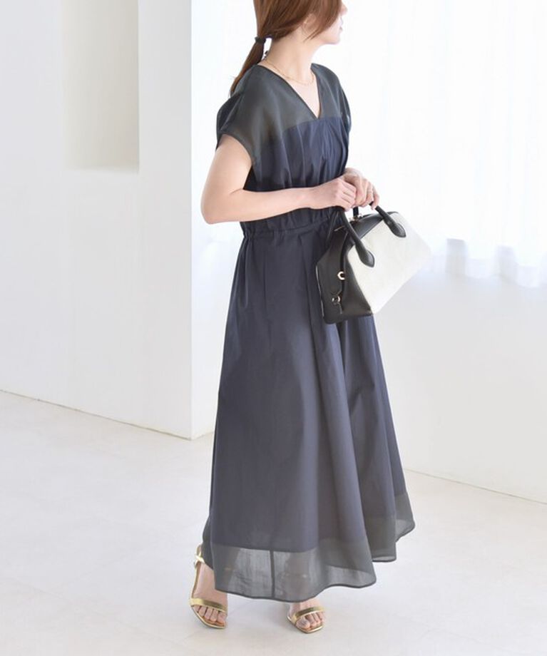 quaranciel「quaranciel :〈洗濯機可能〉シアー ドッキング Vネック フレンチスリーブ ワンピース」|ワンピース|ネイビー