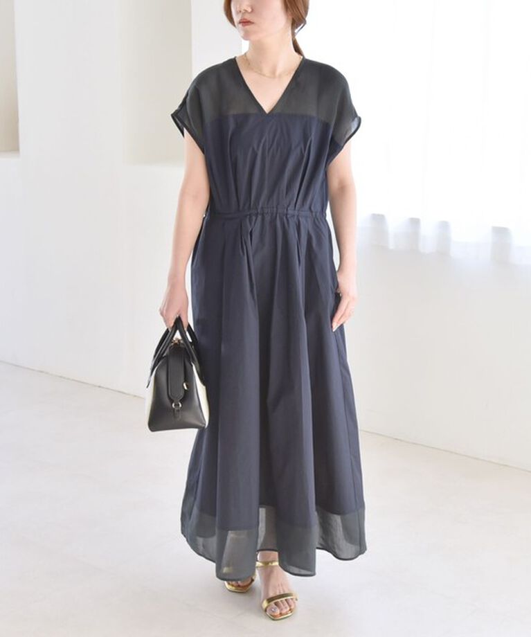 quaranciel「quaranciel :〈洗濯機可能〉シアー ドッキング Vネック フレンチスリーブ ワンピース」|ワンピース|