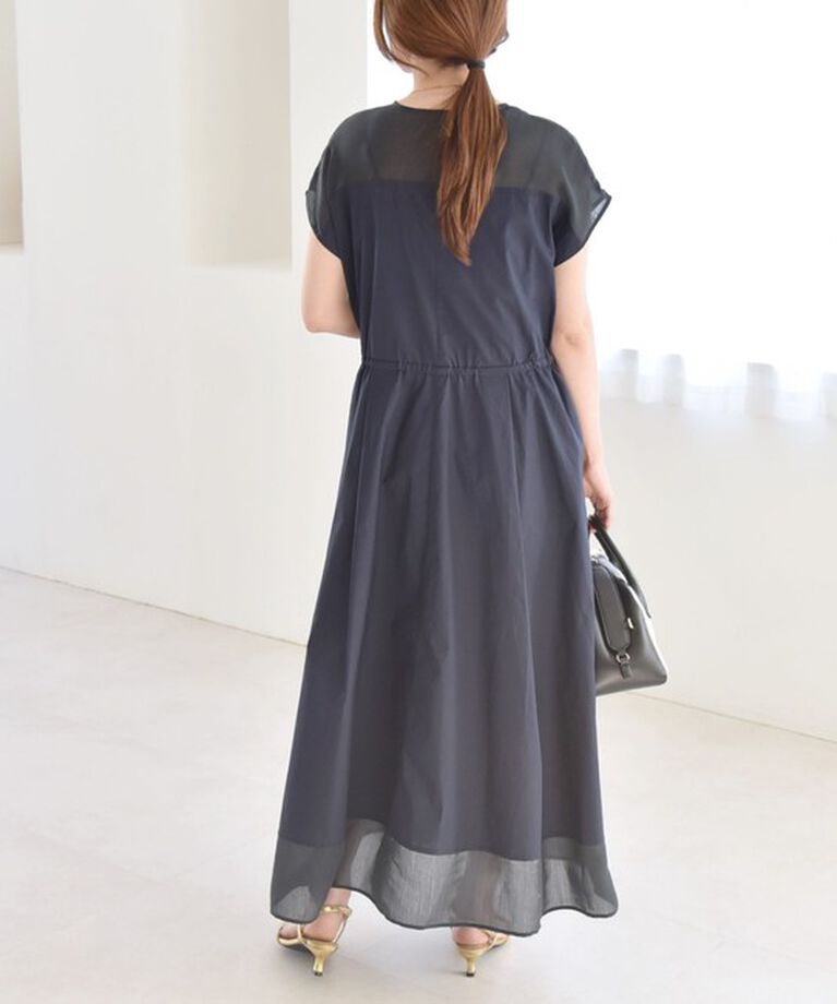 quaranciel「quaranciel :〈洗濯機可能〉シアー ドッキング Vネック フレンチスリーブ ワンピース」|ワンピース|