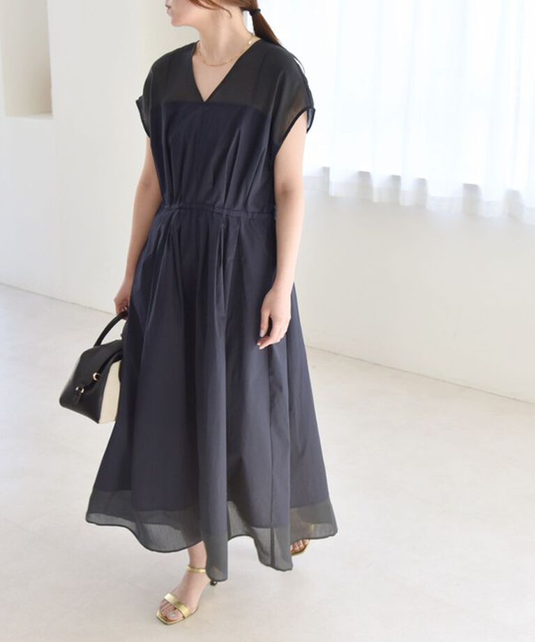 quaranciel「quaranciel :〈洗濯機可能〉シアー ドッキング Vネック フレンチスリーブ ワンピース」|ワンピース|