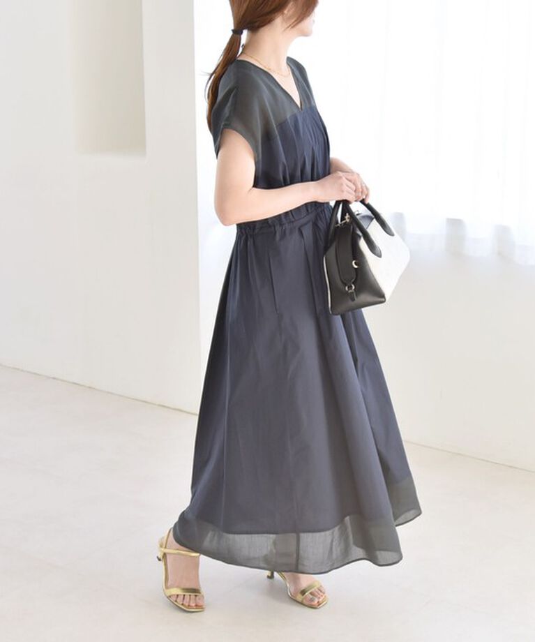 quaranciel「quaranciel :〈洗濯機可能〉シアー ドッキング Vネック フレンチスリーブ ワンピース」|ワンピース|